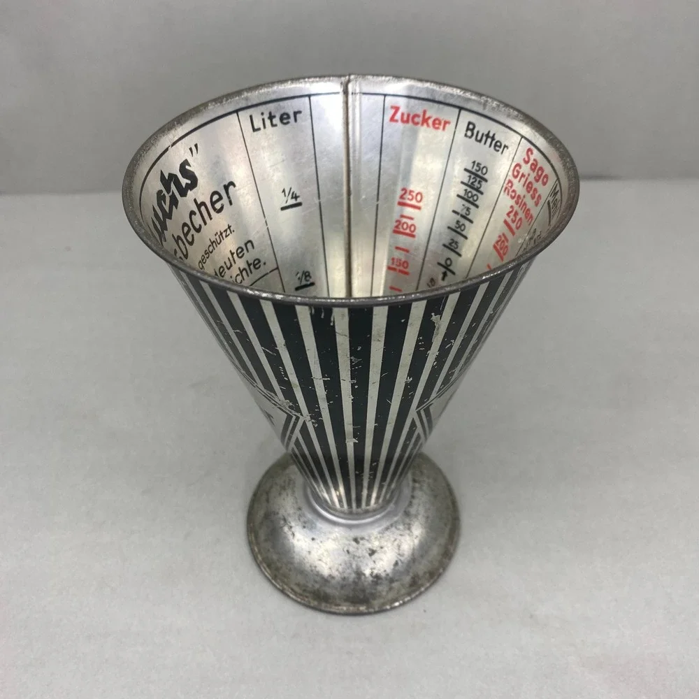 VTG Luchs Messbecher Measuring‎ Cup Silver Black Art Deco Graphic 1950's 6x4.5